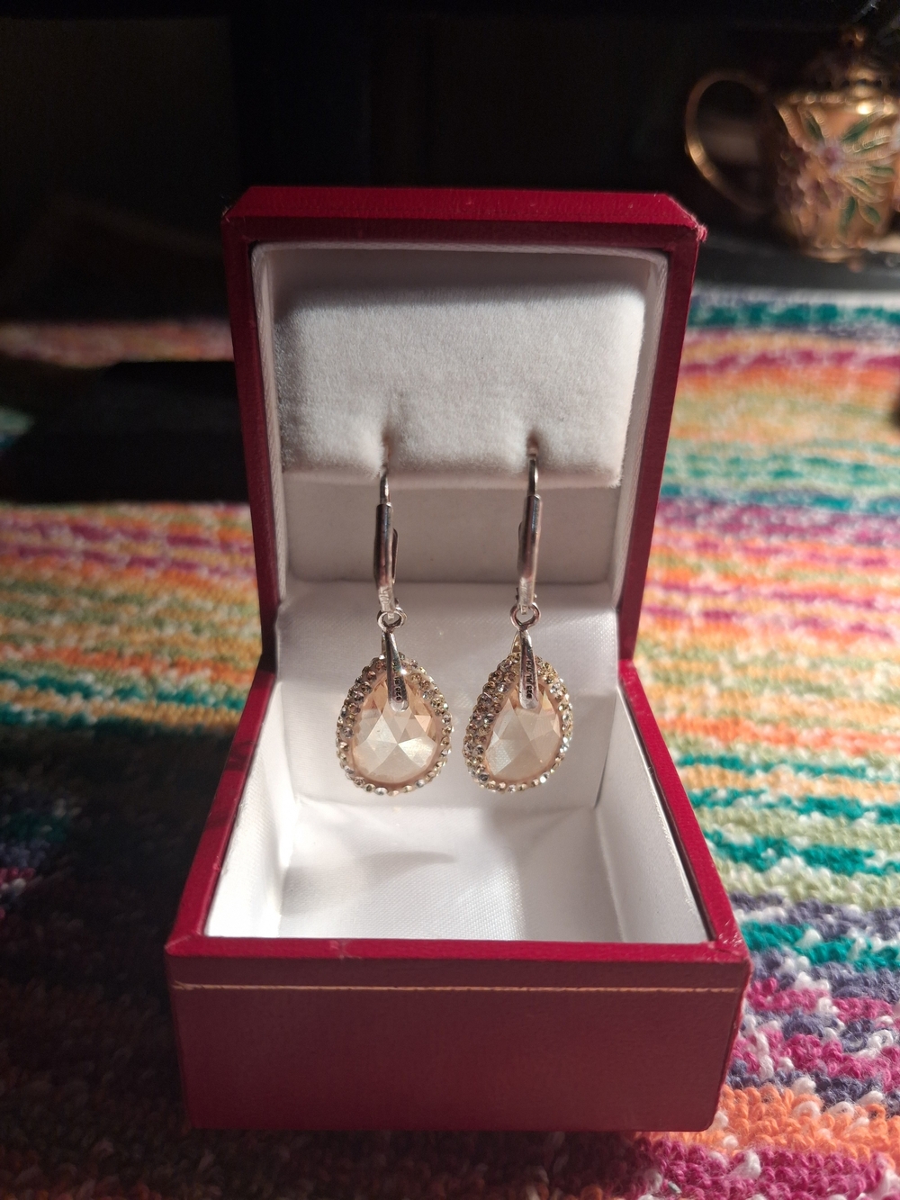 Sterling Silver Champagne Faceted Crystal & Pavé Leverback Dangle Earrings 925